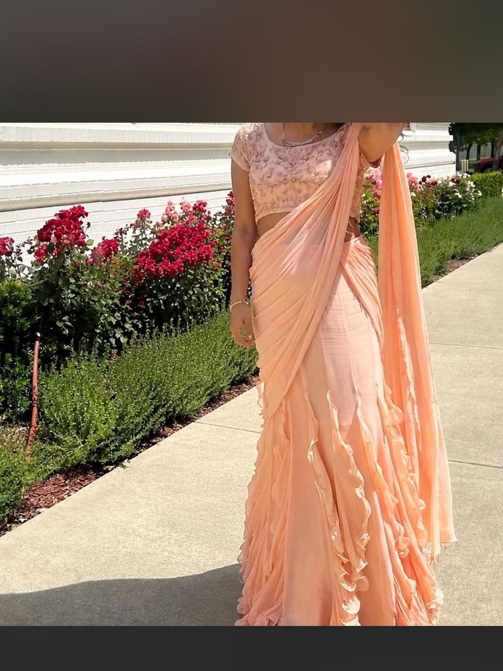 Peach Ruffle Maxi Saree Dress with Embroidered Blouse